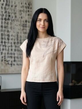 Vintage Pierre Cardin Size 8 Linen Blend Cutout Top - Stylized Flame Sheer Mesh